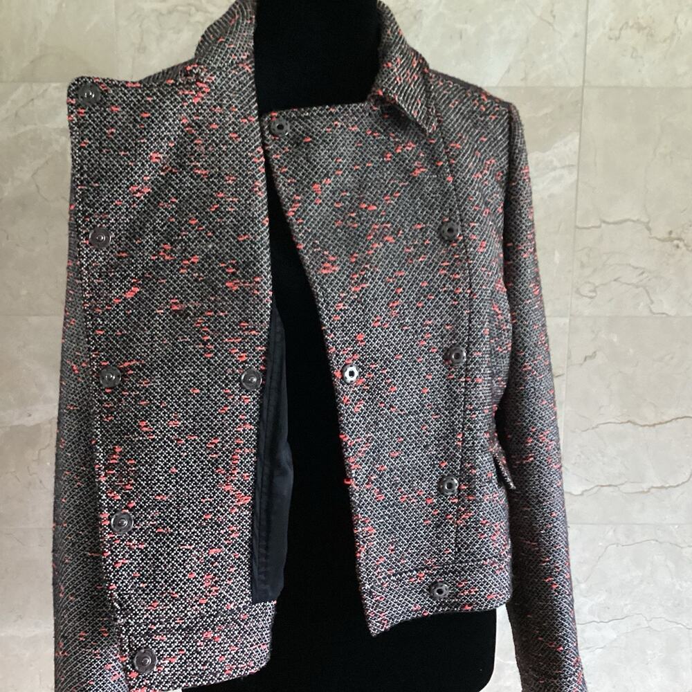 J.Crew Tweed Cropped Moto Jacket, Size 8, Black, White Neon Red, Fall Preppy - Picture 8 of 13